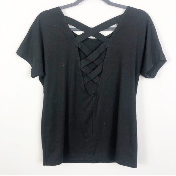 UNBRANDED | Black Crossing Back Strap Short Sleeve Tee Women’s Size Medium - Picture 3 of 5